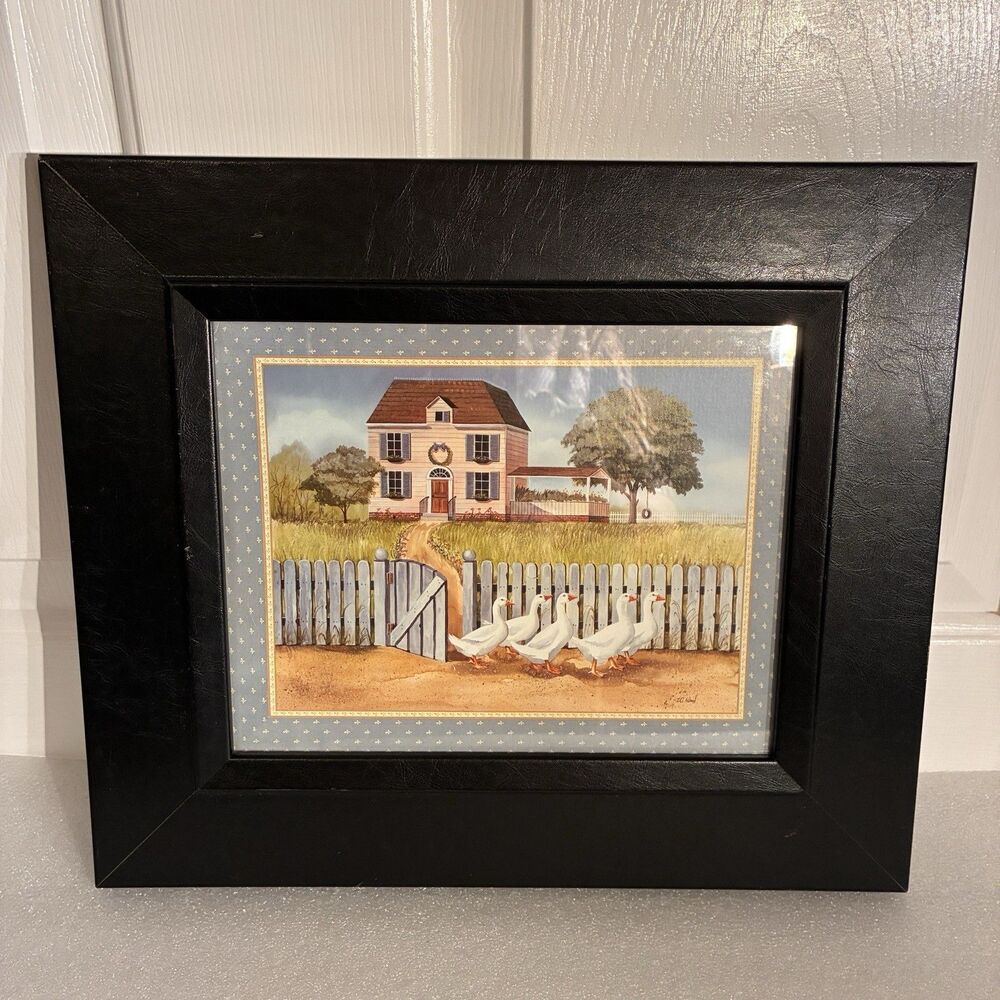 Cottage core and Granny Core framed picture with geese, picket fence and house.